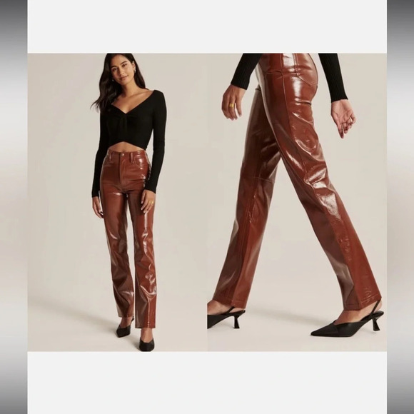 Abercrombie & Fitch The 90s Straight Ultra High Rise Faux Leather Pants Brown - Picture 6 of 12